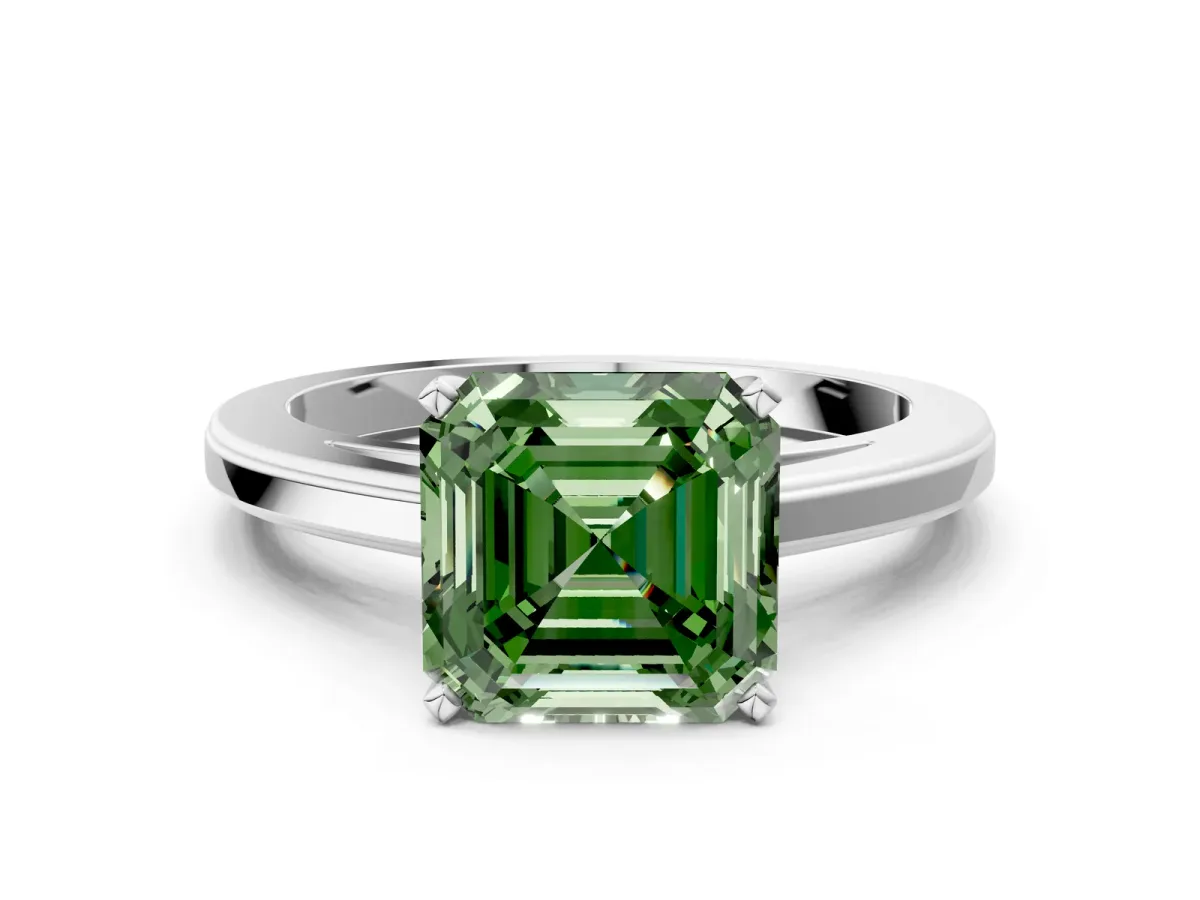 Fancy Green Asscher Cut Solitaire Diamond Ring with Four-Prong Setting and Classic Band Platinum