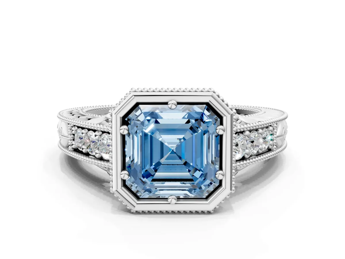 Fancy Blue Bezel Set Asscher Cut Diamond Milgrain Pave Engagement Ring Platinum