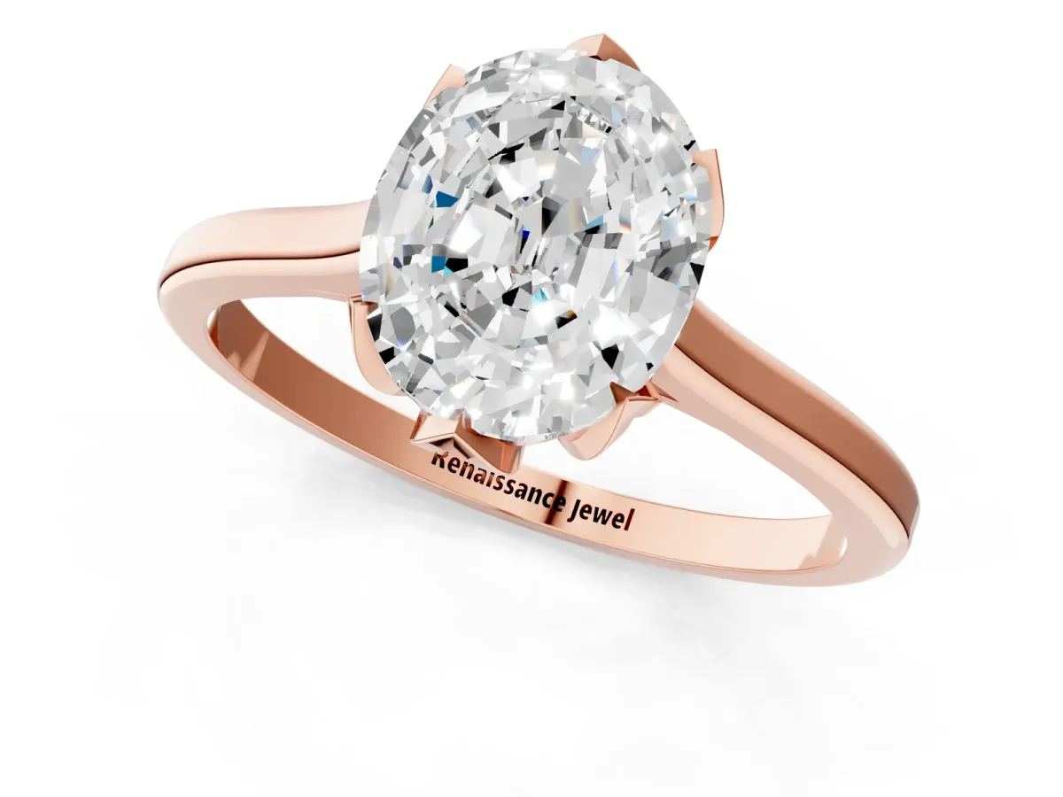 Oval Cut Diamond Solitaire Ring with Flower Prong Setting and Classic Band Rose gold