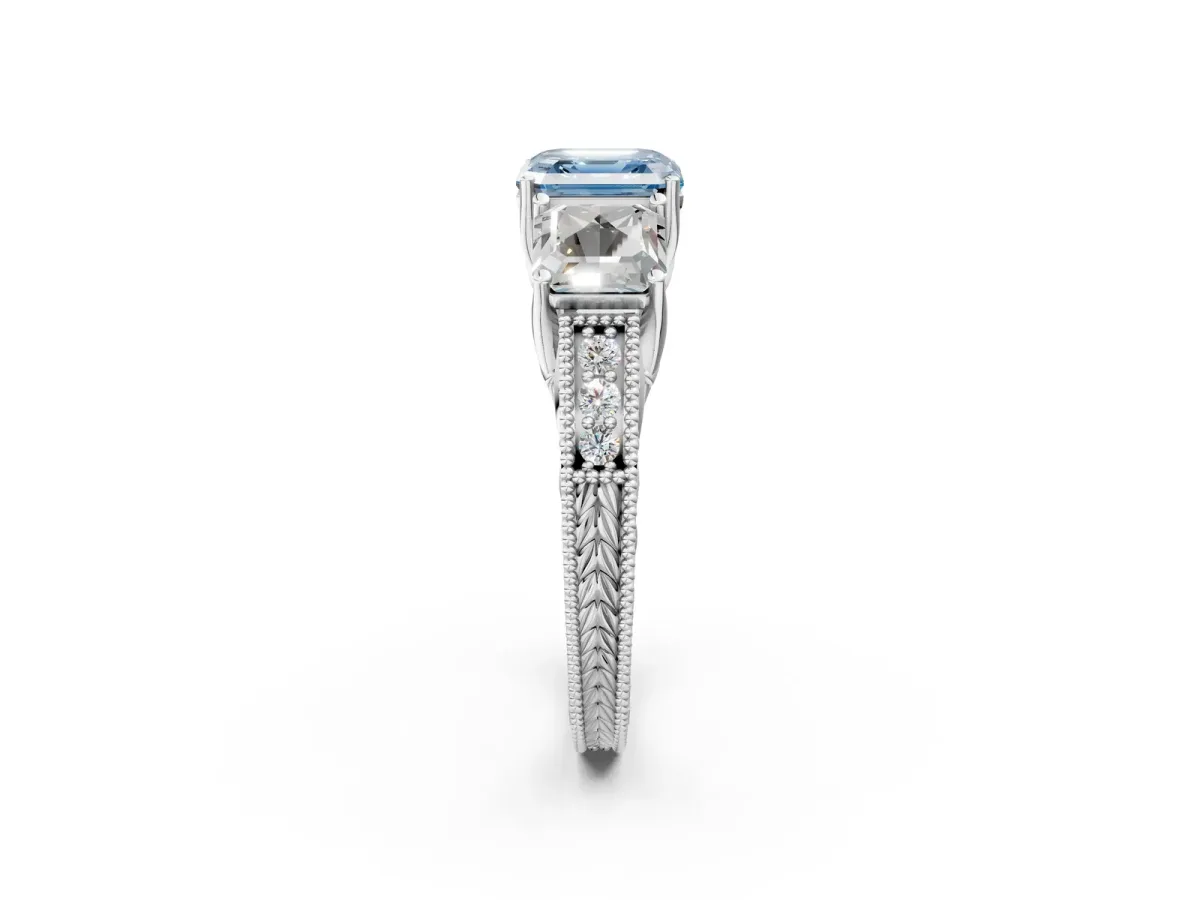 Fancy Blue Three-Stone Asscher Cut Cut Milgrain Pavé Engagement Ring Platinum