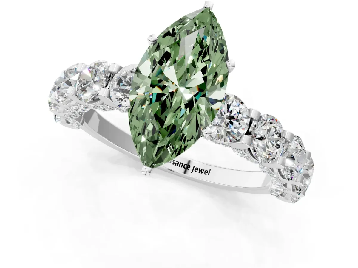Fancy Green Marquise Cut Diamond Side Stone Engagement Ring with Four-Prong Setting White gold