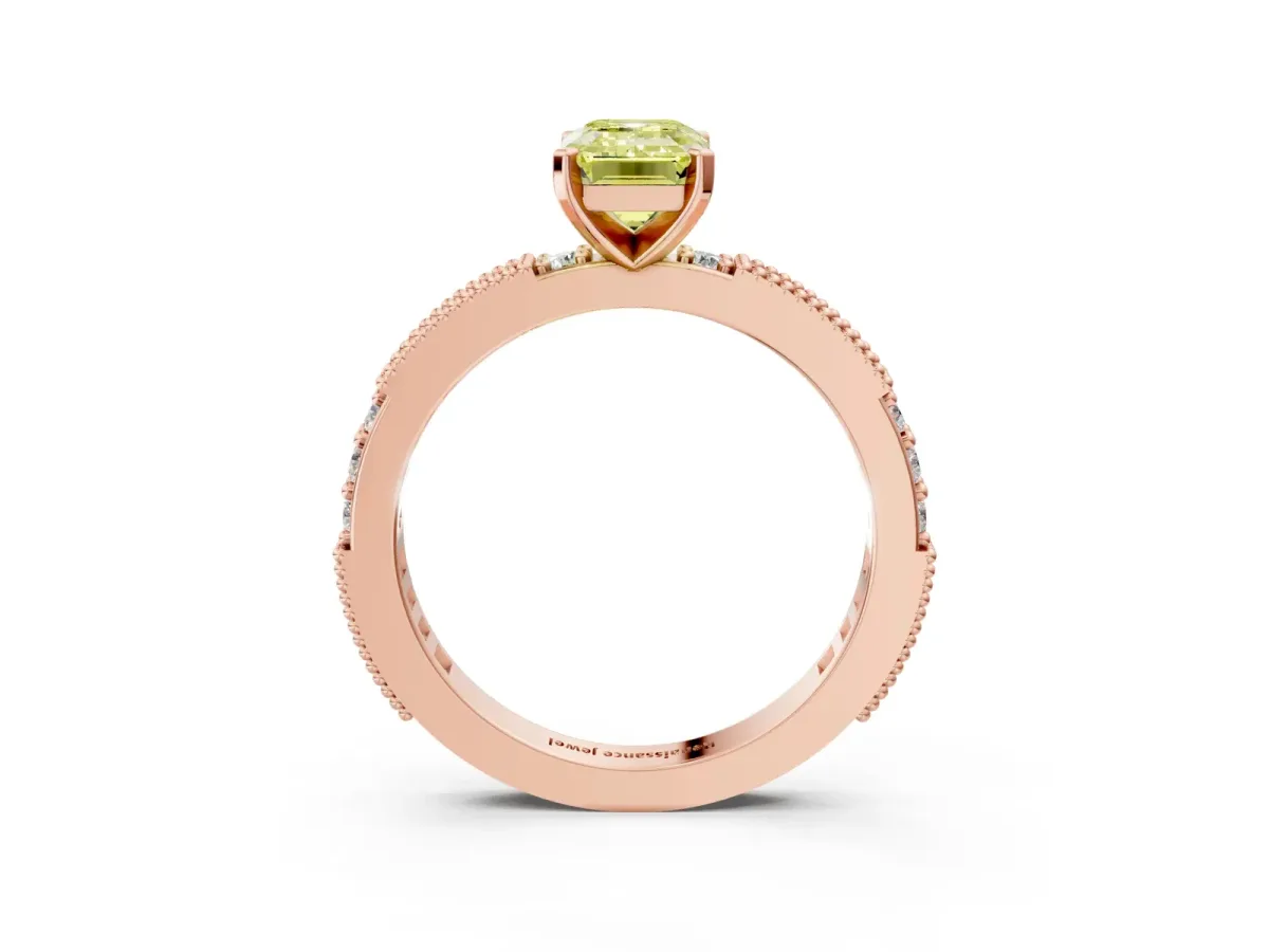 Fancy Yellow Emerald Cut Solitaire with Pavé Band and Four-Prong Setting Rose gold
