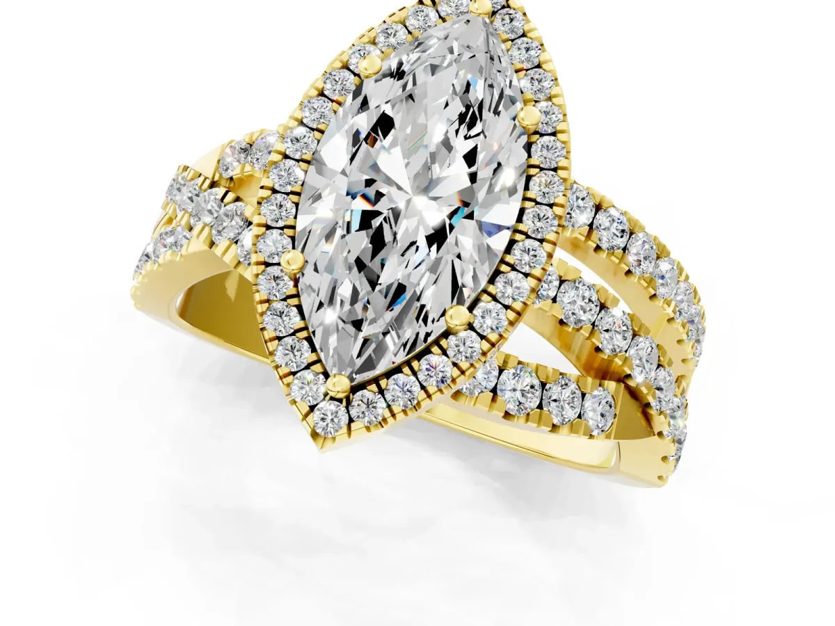Marquise Cut Diamond Halo Ring with Round Split Shank and Prong Setting Yellow gold