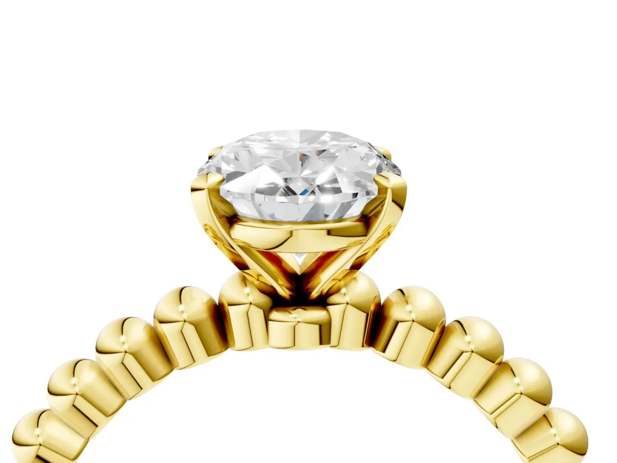 Oval Cut Diamond Solitaire Ring with Beaded Band and Prong Setting Yellow gold