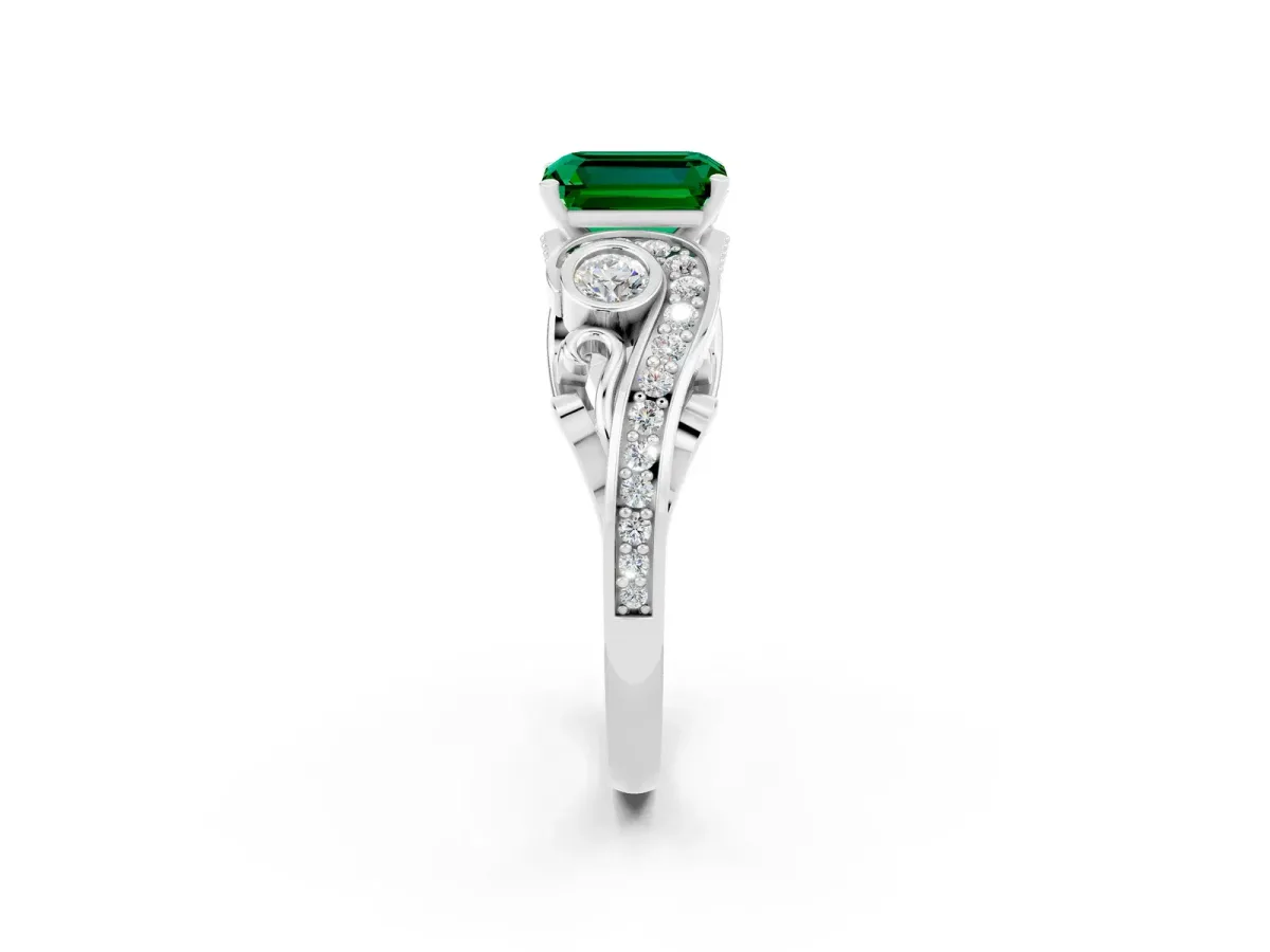 Emerald Cut Emerald Solitaire Ring with Milgrain Pavé Band and Four-Prong Setting Silver