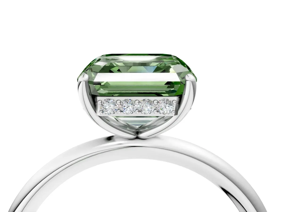 Fancy Green Asscher Cut Solitaire Diamond Ring with a Classic Band and Four-Prong Setting Platinum