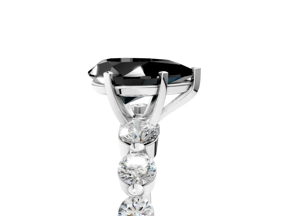 Fancy Black Pear Cut Solitaire Diamond Ring with Pave Band and Four-Prong Setting Silver