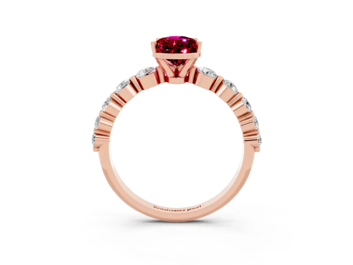 Pear Cut Solitaire Garnet Ring with Pave Band and Four-Prong Setting Rose gold