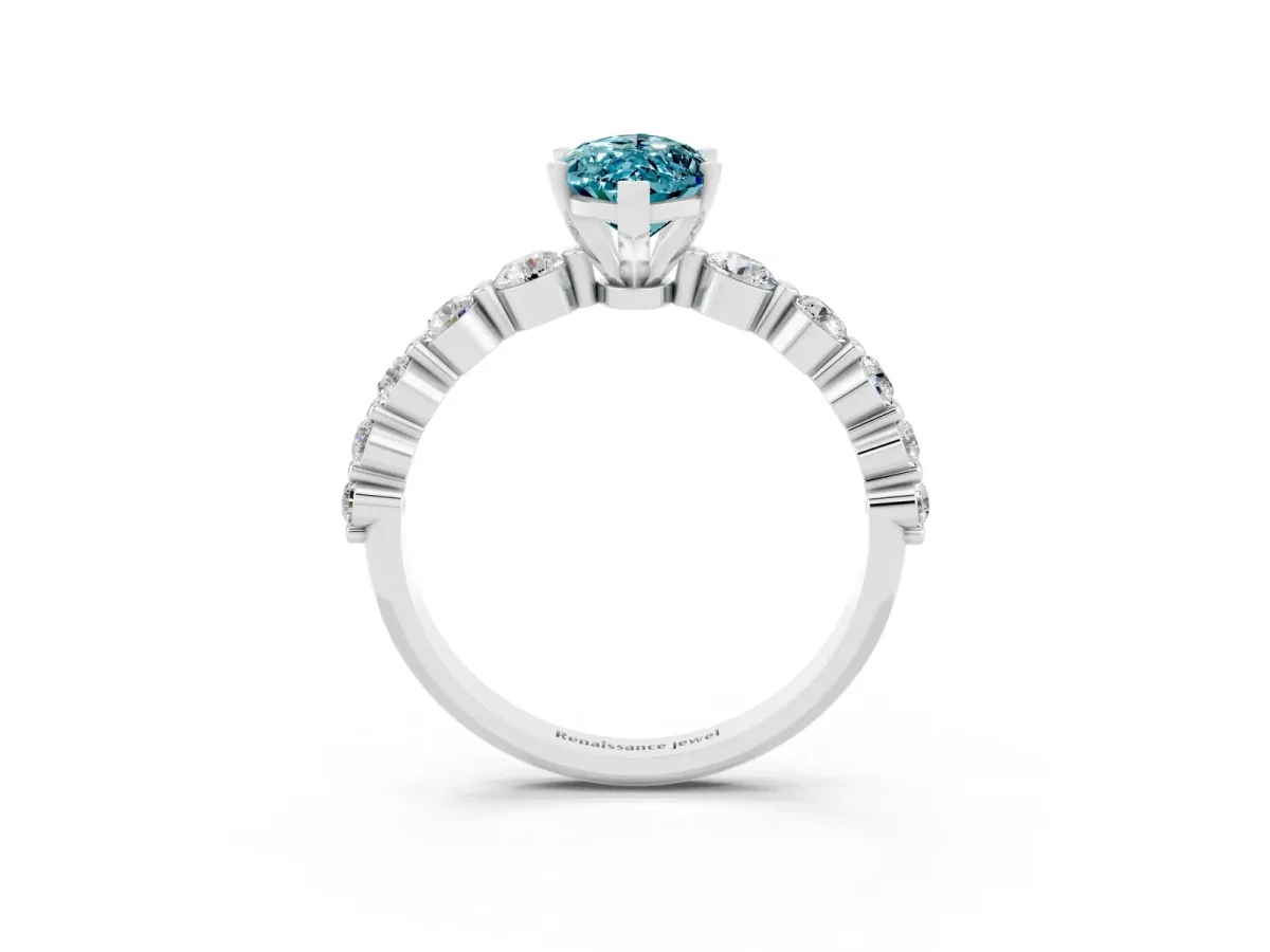 Marquise Cut Solitaire Blue Topaz Ring with Pave Band and Four-Prong Setting Silver