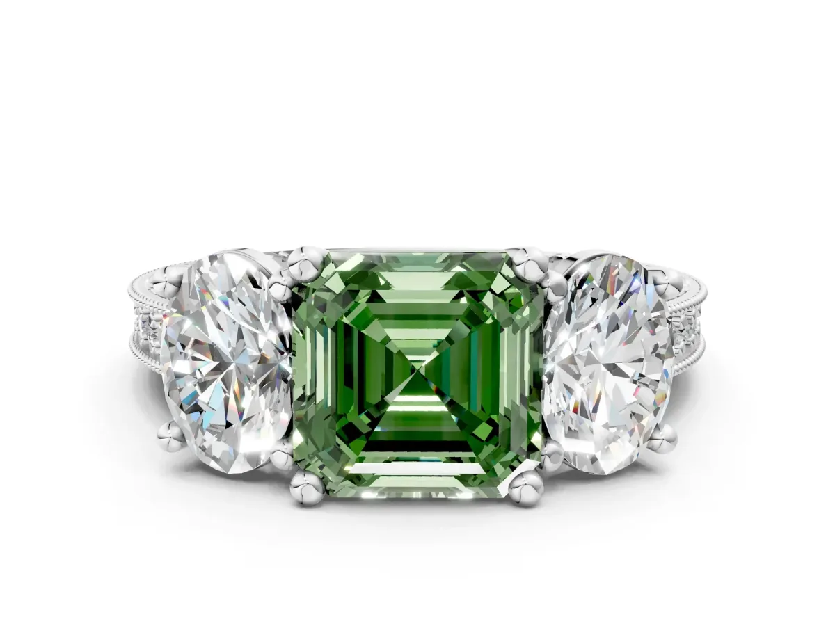 Fancy Green Three-Stone Asscher Cut Diamond Milgrain Pave Band with Prong Setting Platinum