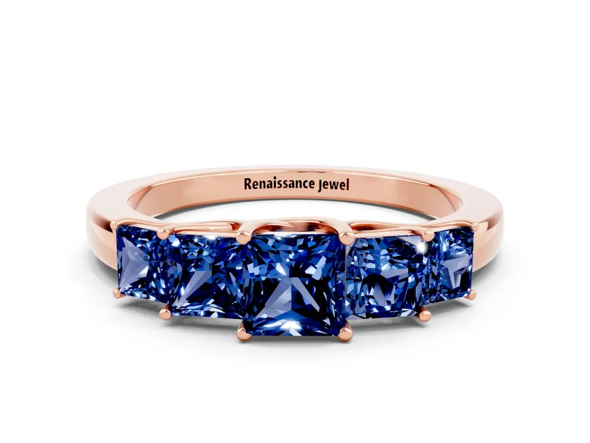 Princess Cut Five-Stone Blue Sapphire Ring with Classic Prong Setting Rose gold