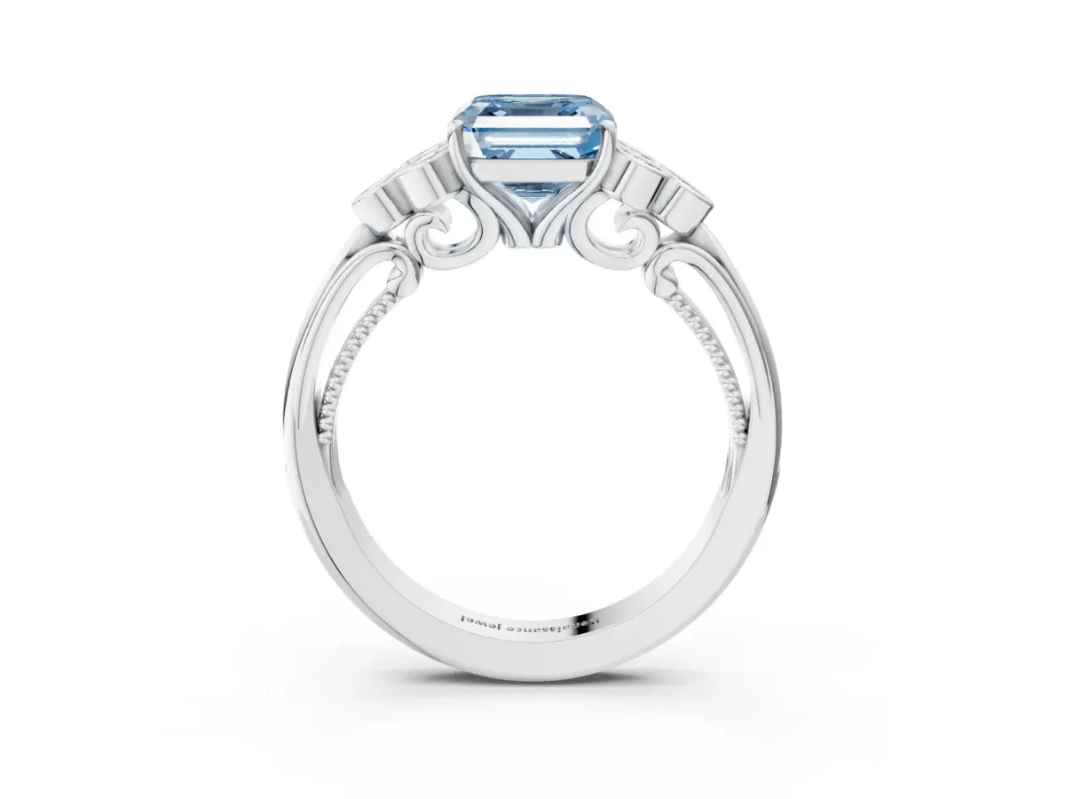 Fancy Blue Asscher Cut Cut Diamond Engagement Ring with Bezel Set Round Side Stones and Prong Setting Platinum
