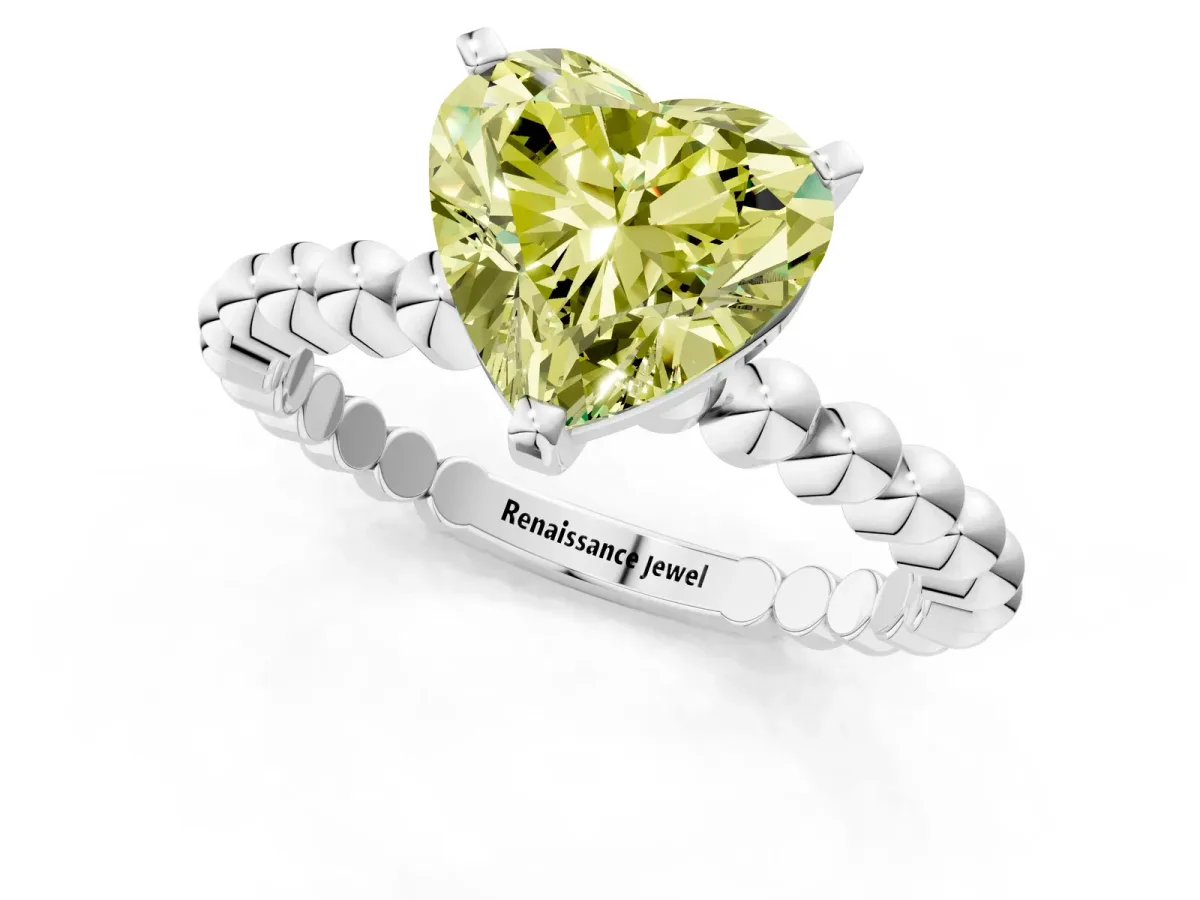 Fancy Yellow Heart Cut Diamond Solitaire Ring with Beaded Band and Prong Setting Silver