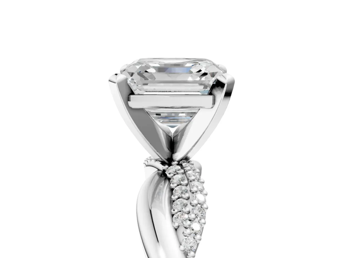 Asscher Cut Solitaire Twist Band with Pave Prong Setting Platinum
