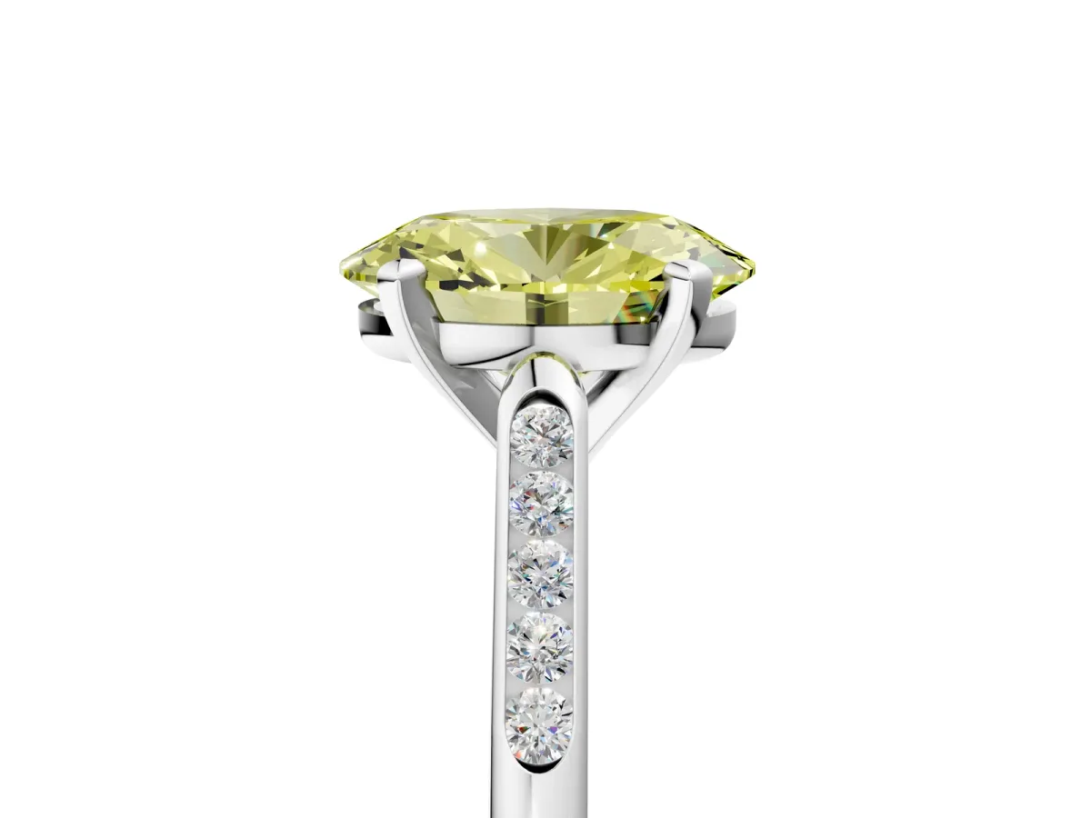 Fancy Yellow Oval Cut Diamond Solitaire Ring with Channel Set Round Band and Prong Setting Silver