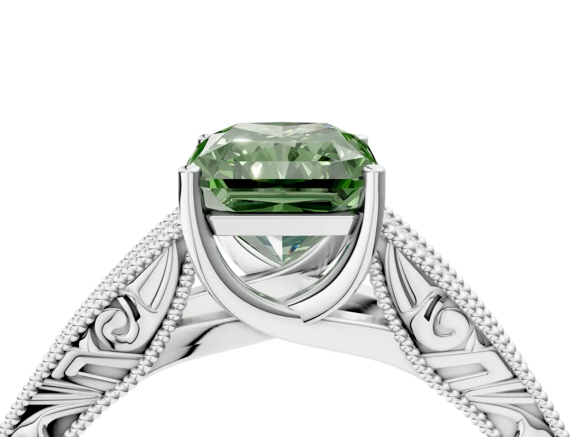 Fancy Green Radiant Cut Diamond Solitaire Ring with Engraved Band and Four-Prong Setting Platinum