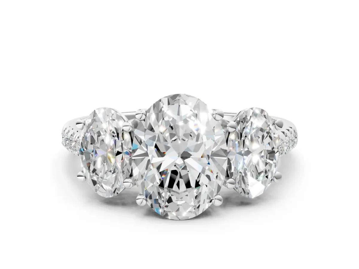 Three-Stone Oval Cut Diamond Ring with Round Moissanite Pavé Band and Prong Setting Silver