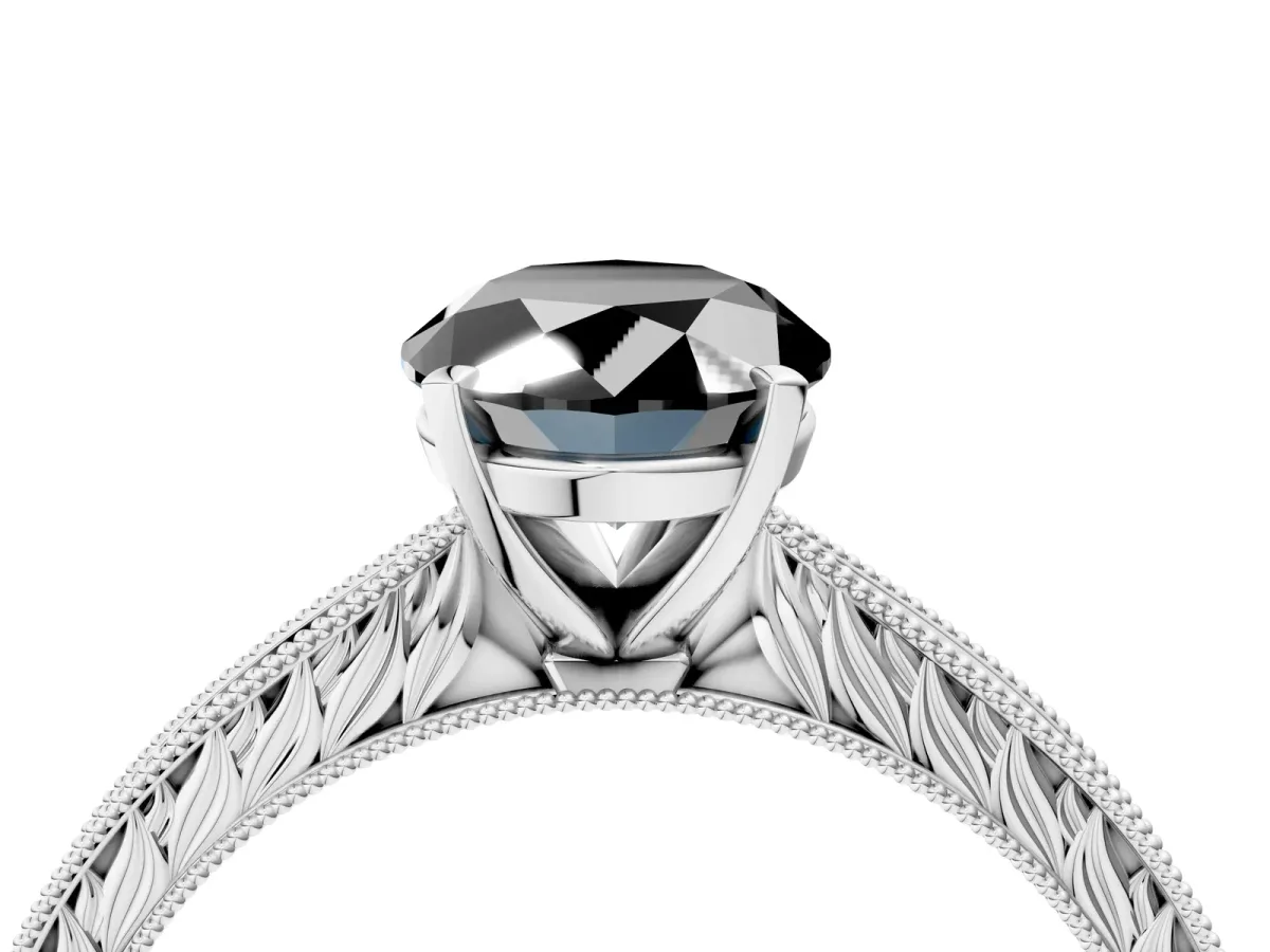 Fancy Black Oval Cut Solitaire Milgrain Engraved Band with Four-Prong Setting White gold