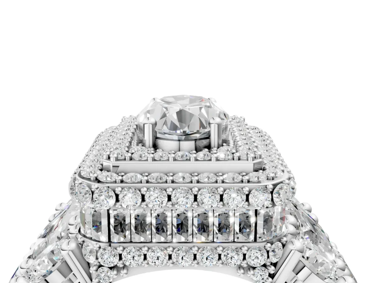 Oval Diamond Halo Mens Ring with Baguette Side Stones Silver
