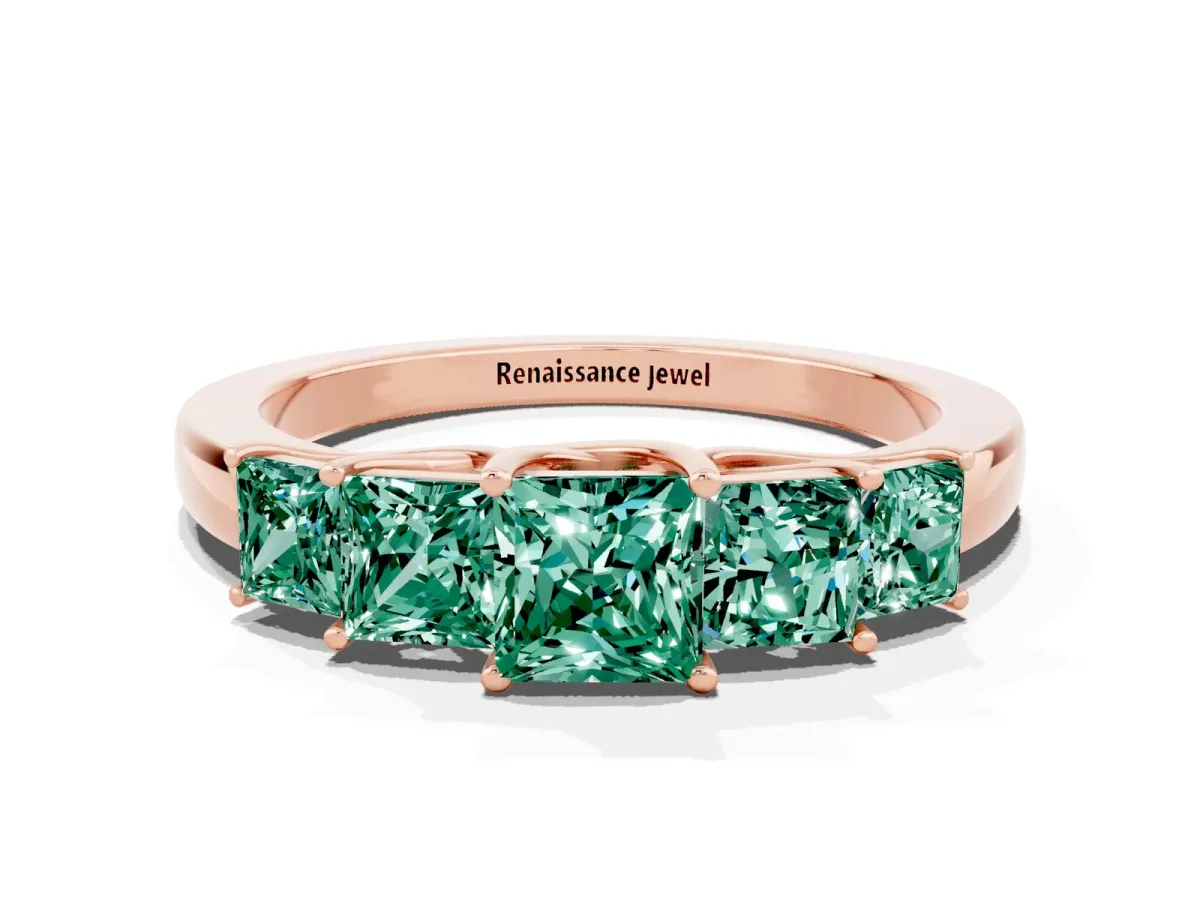 Princess Cut Five-Stone Green Sapphire Ring with Classic Prong Setting Rose gold