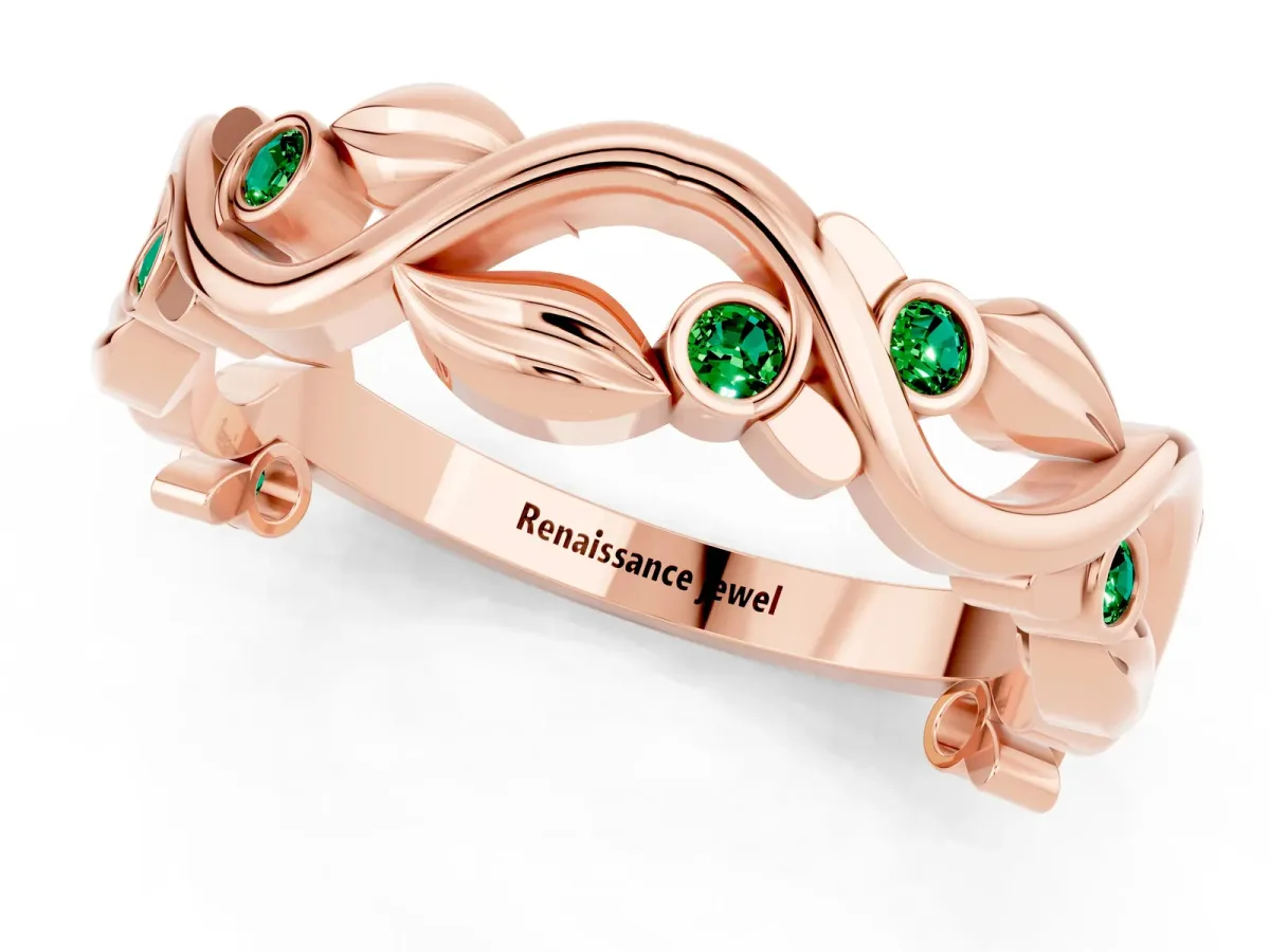 Round Emerald Leaf Eternity Band with Bezel Setting Rose gold