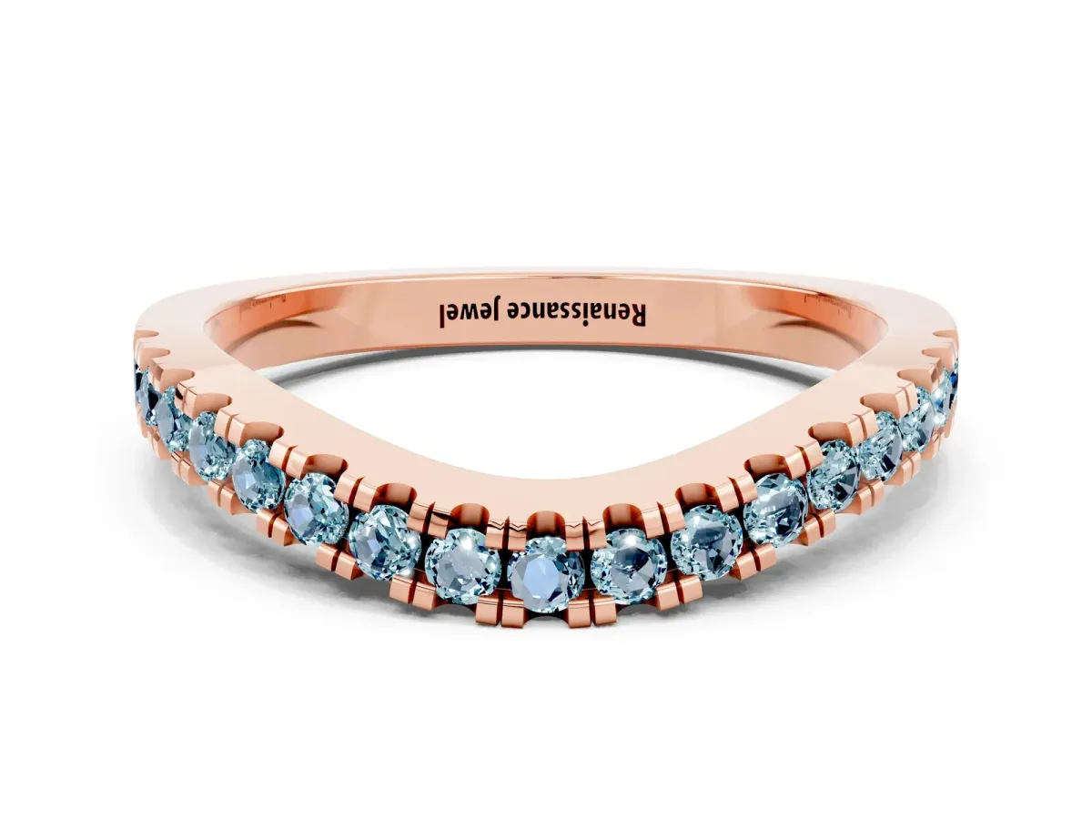 Round Aquamarine Pavé Curved Band with Shared Prong Setting Rose gold