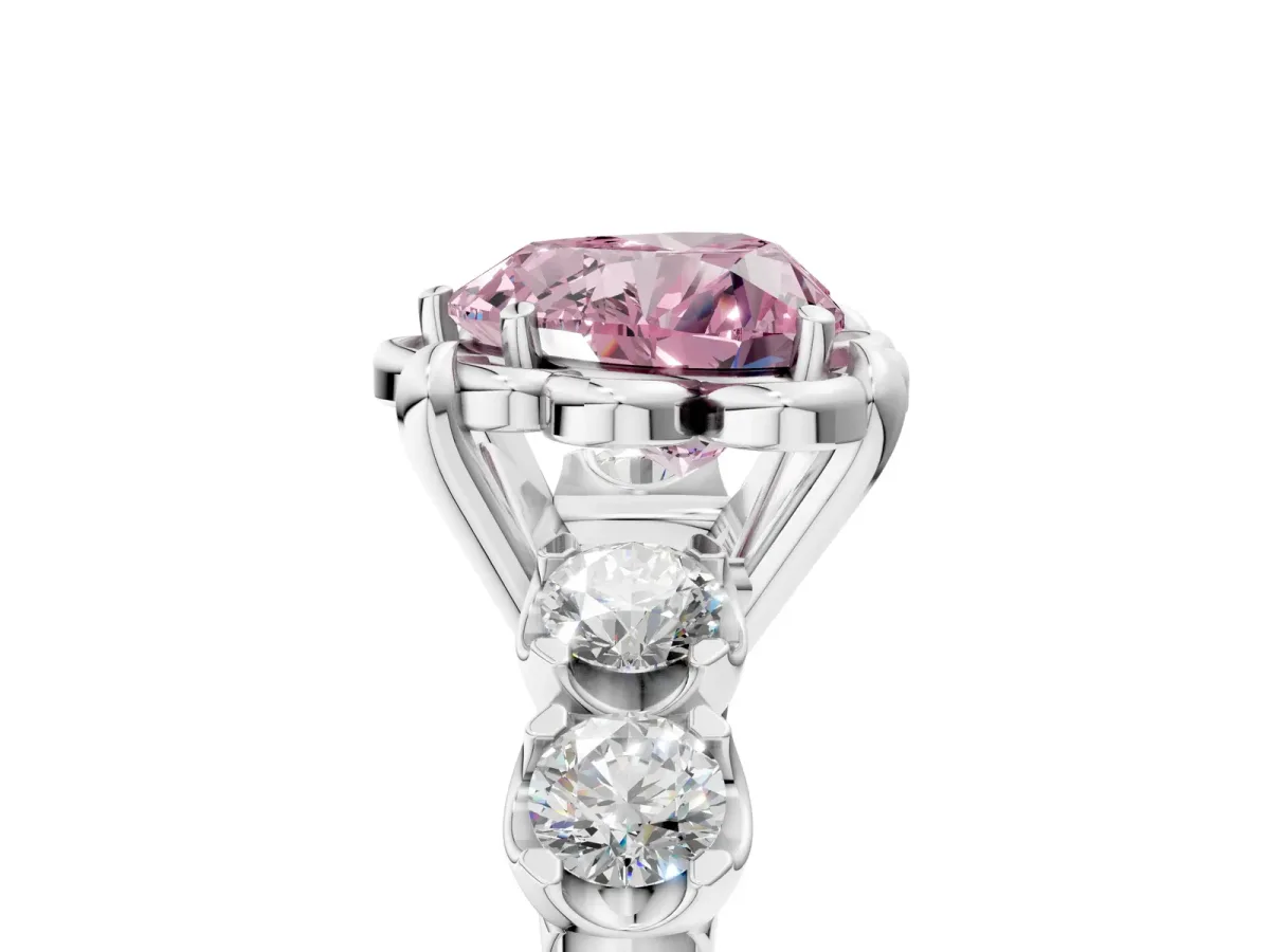 Fancy Pink Heart Cut Cut Diamond Floral Halo Engagement Ring with Shared Prong Setting Silver