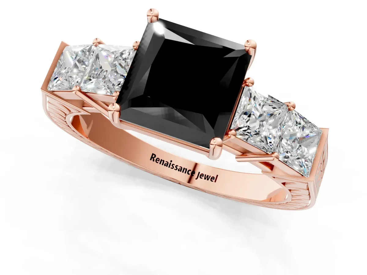 Fancy Black Princess Cut Solitaire Princess Side Stone Engraved Band Prong Setting Ring Rose gold