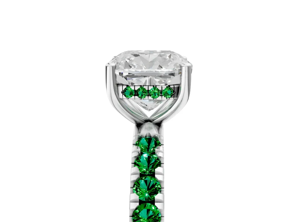 Cushion Cut Diamond Pave Band Solitaire Ring with Round Emerald and Prong Setting Platinum