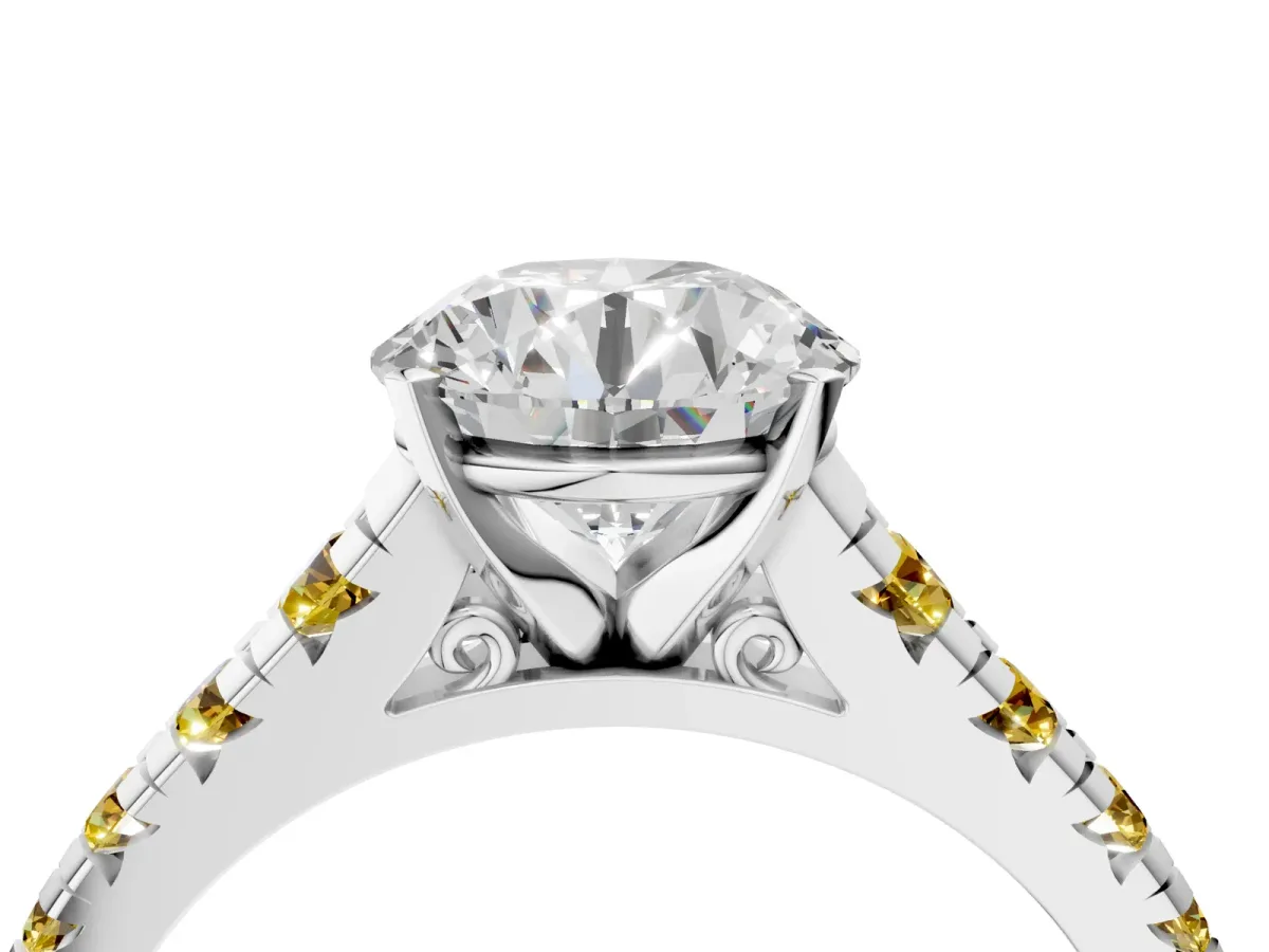 Round Cut Diamond Cathedral Solitaire Ring with Round Yellow Sapphire Pavé Band Silver
