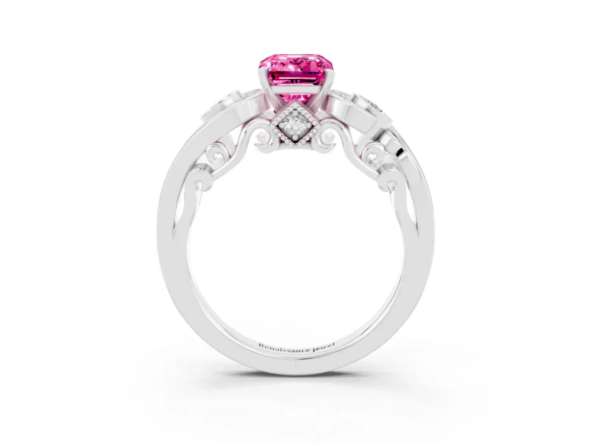 Emerald Cut Pink Sapphire Solitaire Ring with Milgrain Pavé Band and Four-Prong Setting Silver
