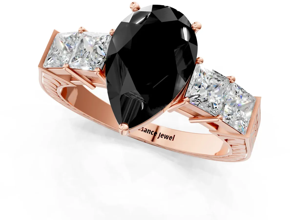 Fancy Black Pear Cut Solitaire Princess Side Stone Engraved Band Prong Setting Ring Rose gold