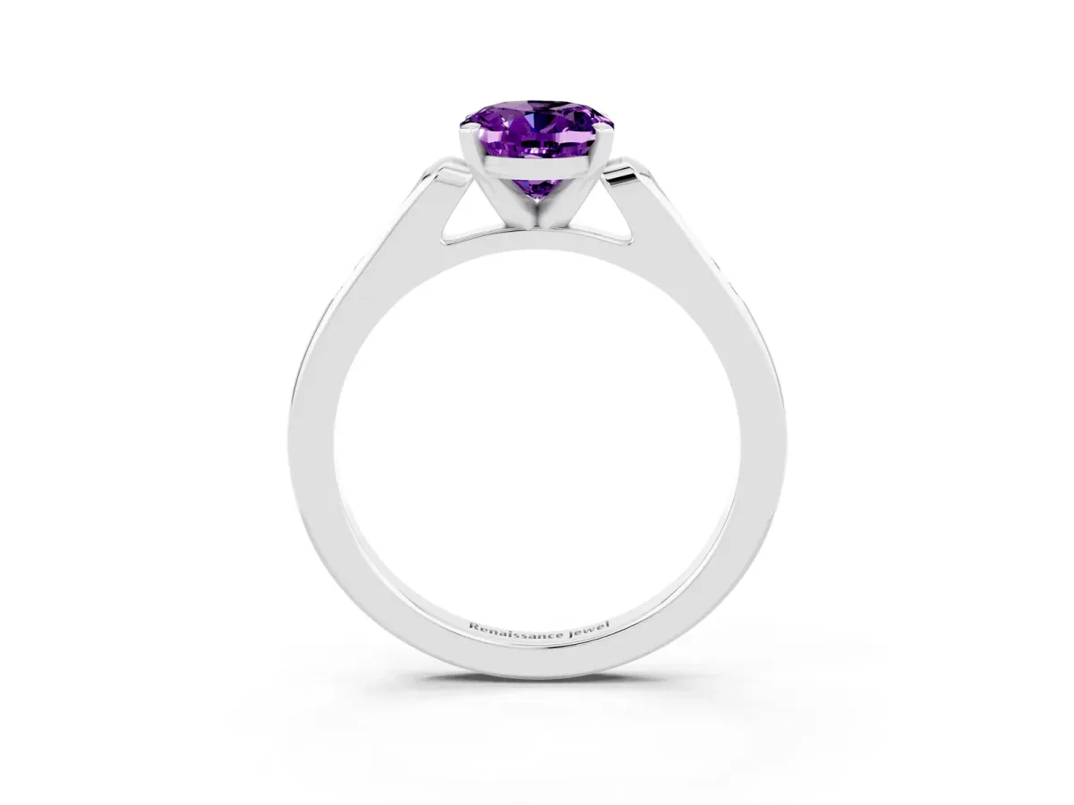 Oval Cut Amethyst Solitaire Ring with Channel Set Round Band and Prong Setting Silver