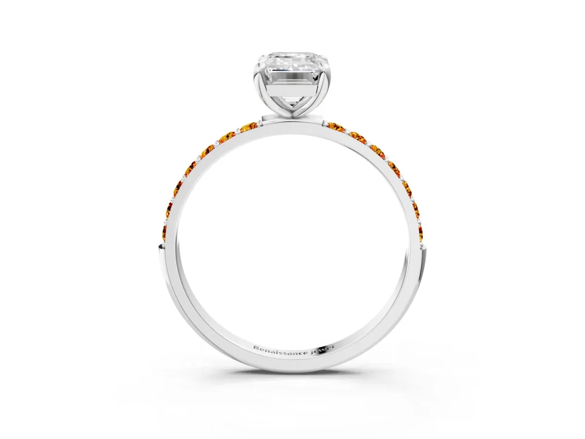 Emerald Cut Diamond Solitaire Ring with Round Citrine Pavé Band and Prong Setting Platinum