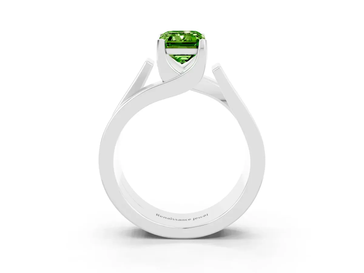 Modern Tension Set Emerald Cut Peridot Solitaire Wide Band Ring Platinum