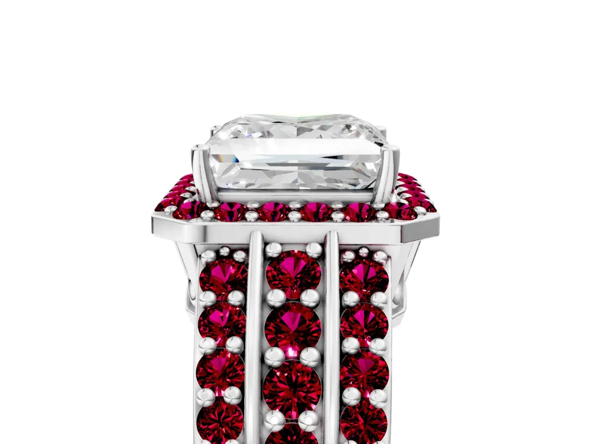 Princess Cut Halo Diamond Ring with Round Garnet Split Shank and Prong Setting Silver