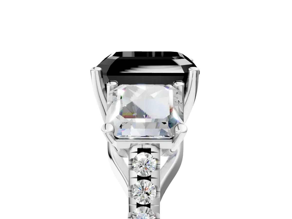 Fancy Black Three-Stone Asscher Cut Diamond Ring with Round Pavé Band and Prong Setting Silver