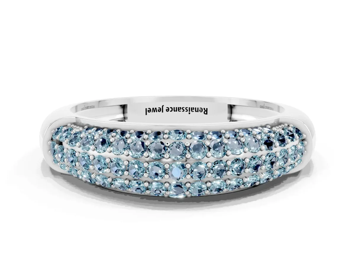 Three-Row Pavé Round Aquamarine Dome Band Platinum