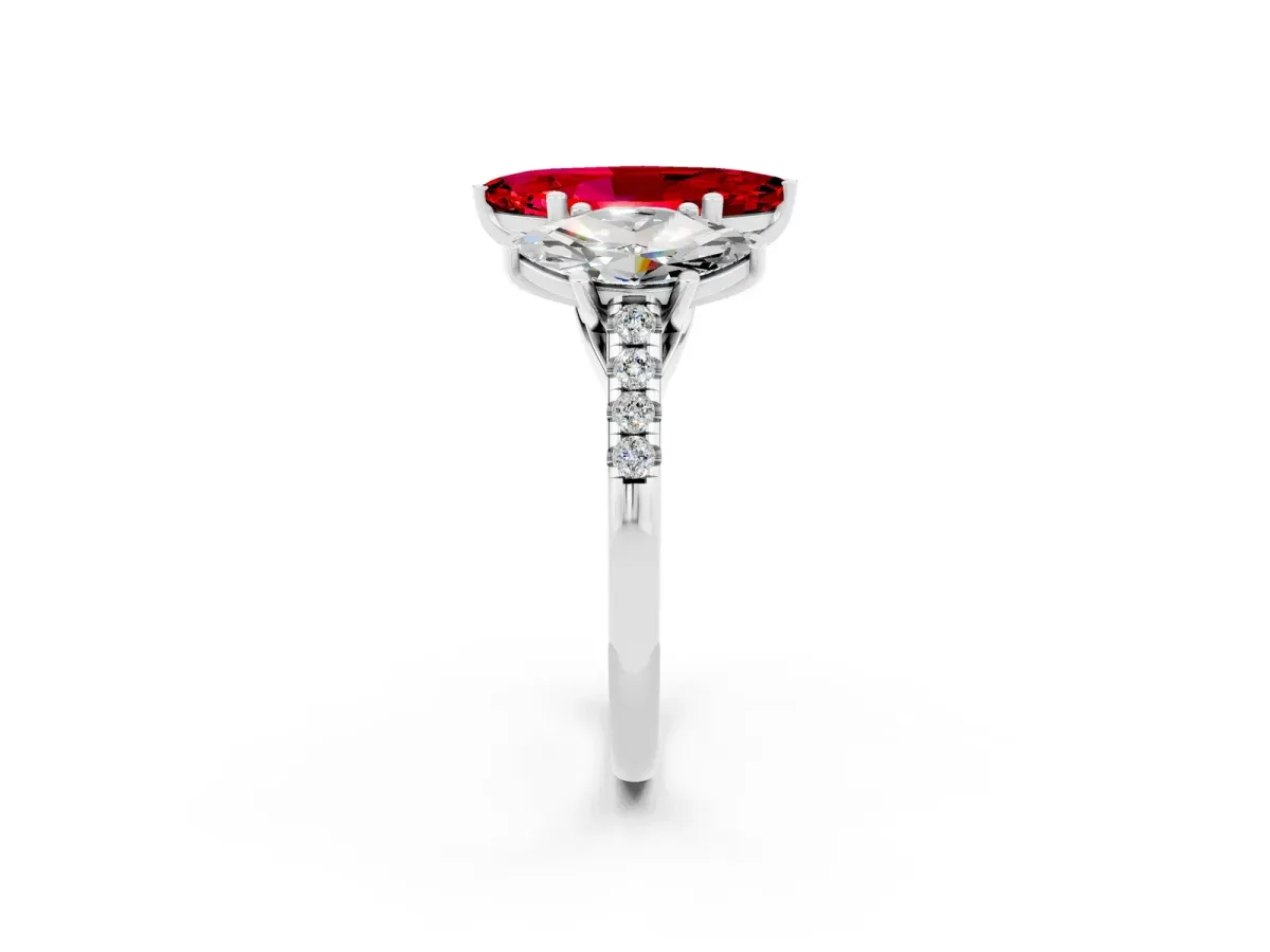 Three-Stone Marquise Cut Ruby Ring with Round Pavé Band and Prong Setting Platinum