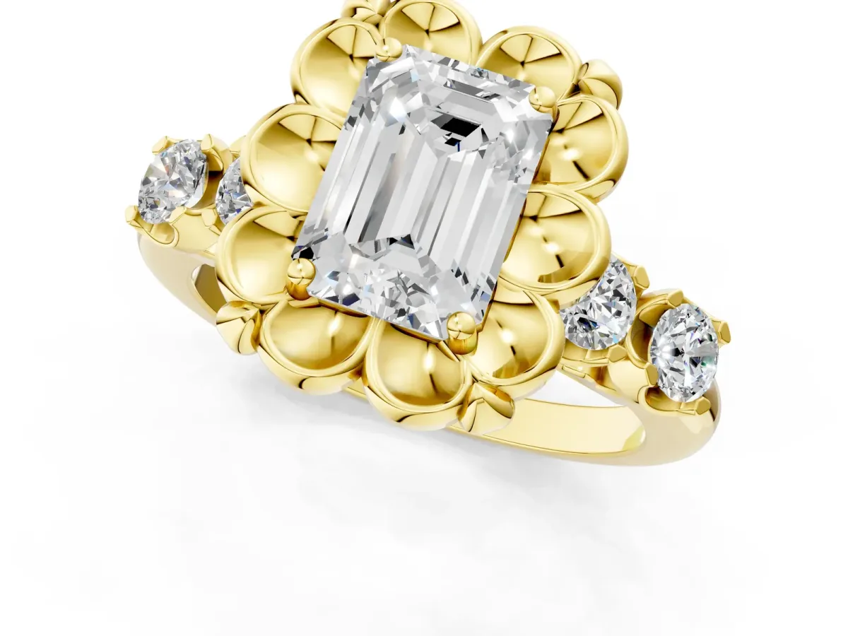 Emerald Cut Cut Diamond Floral Halo Engagement Ring with Shared Prong Setting Yellow gold