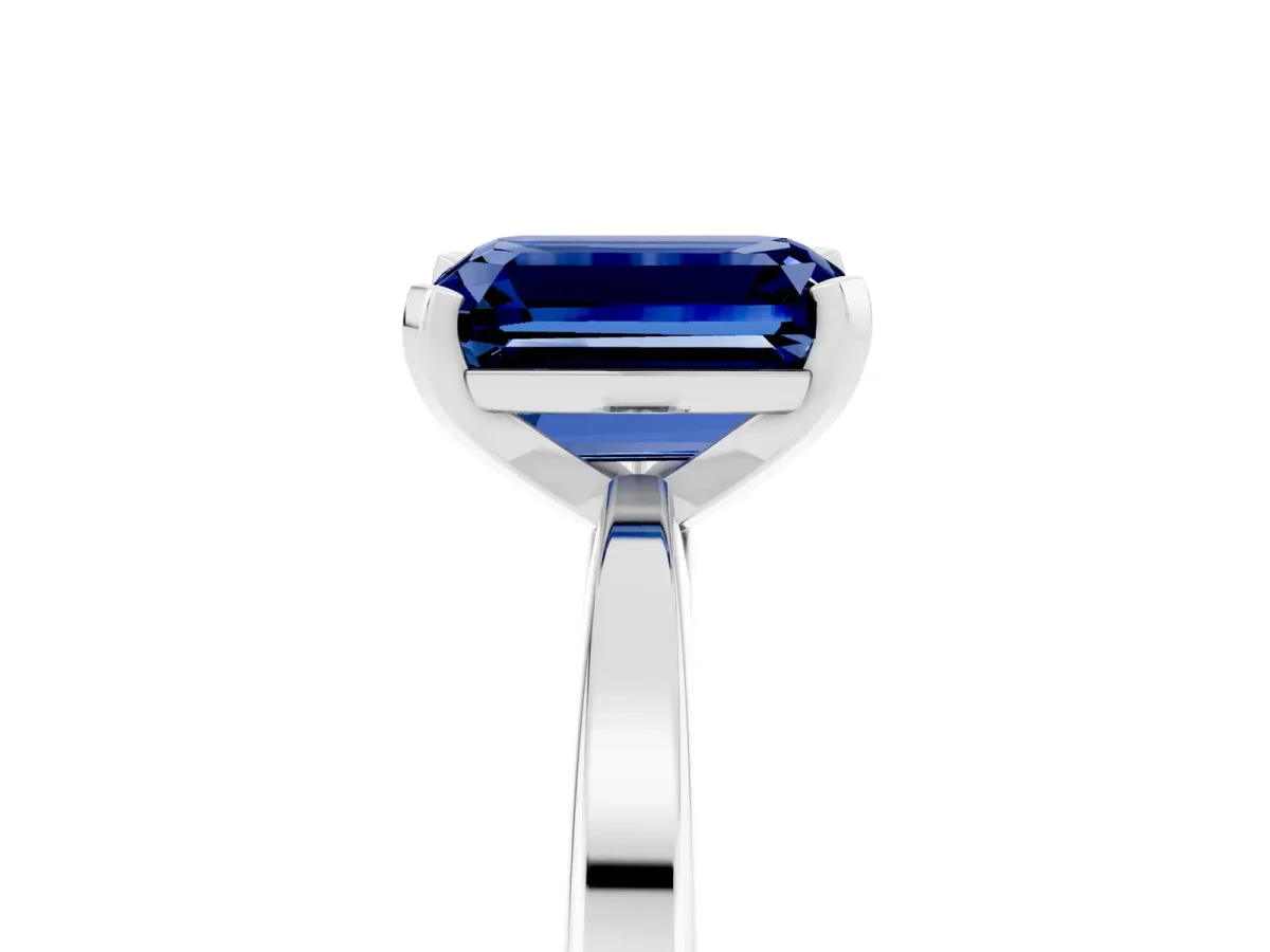 Emerald Cut Blue Sapphire Solitaire Engagement Ring with Classic Band and Four-Prong Setting Silver