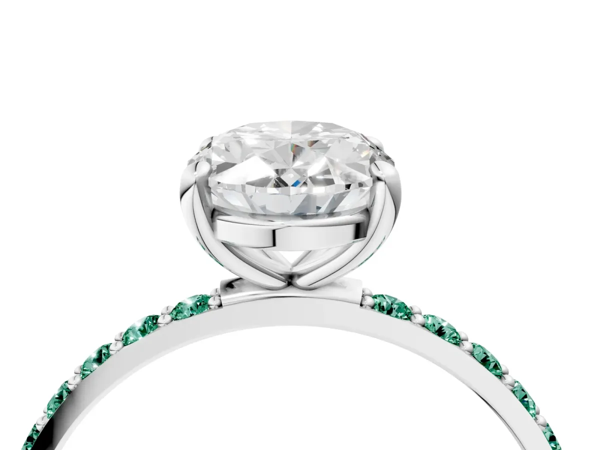 Oval Cut Diamond Solitaire Ring with Round Green Sapphire Pavé Band and Prong Setting Silver
