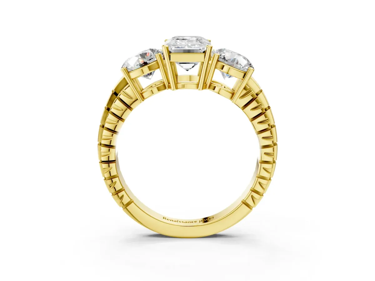 Three-Stone Emerald Cut Cut Diamond Ring with Channel-Set Band and Prong Setting Yellow gold