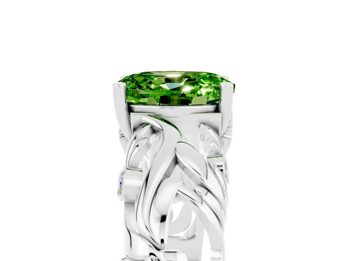Oval Cut Solitaire Peridot Leaf-Inspired Vine Band Ring with Prong Setting White gold