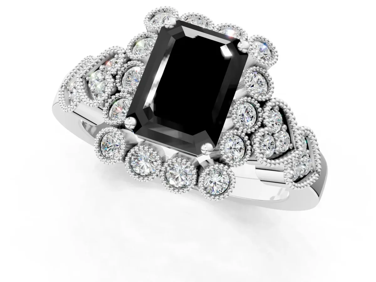 Fancy Black Emerald Cut Brilliant Milgrain Pave Heart Band Solitaire Ring Platinum