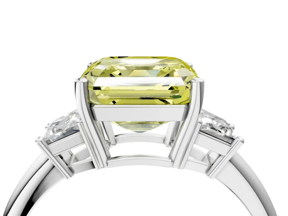 Fancy Yellow Asscher Cut Diamond Three-Stone Ring with Trapezoid Side Stones and Prong Setting Platinum