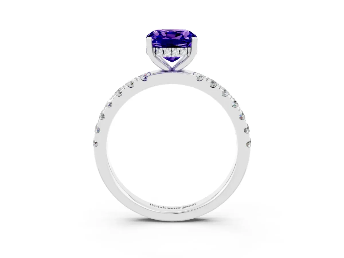 Cushion Cut Tanzanite Pave Band Solitaire Ring with Round and Prong Setting Silver