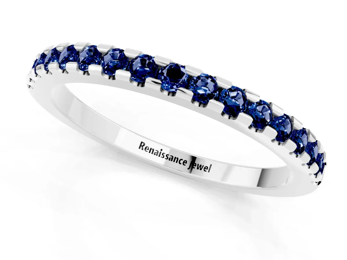 Round Blue Sapphire Pavé Set Eternity Band with Micro Prong Setting White gold