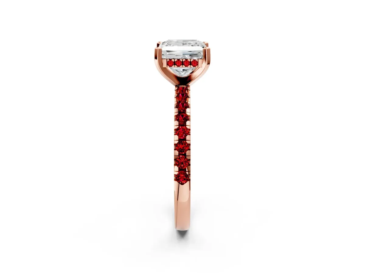 Princess Cut Diamond Solitaire Ring with Round Ruby Pavé Band and Four-Prong Setting Rose gold