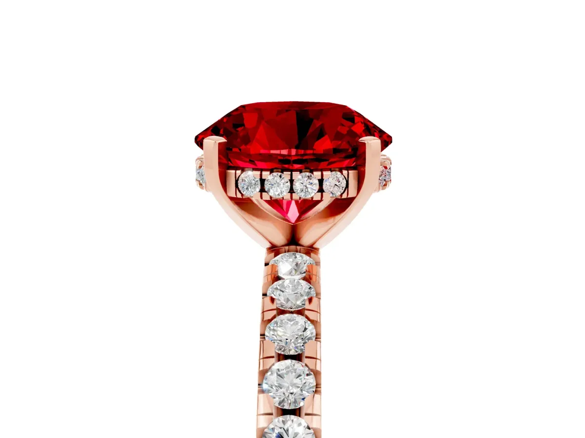 Round Cut Ruby Solitaire Ring with Round Pavé Band and Four-Prong Setting Rose gold